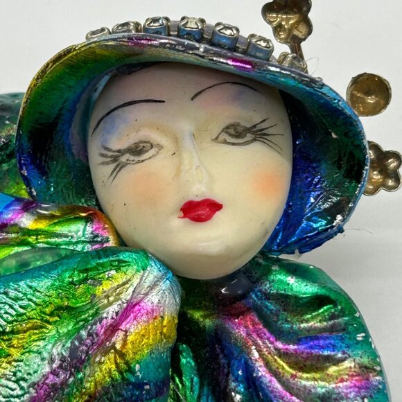 Vintage Art Deco Flapper Lady Brooch Pin Face Iridescent Rainbow 1980s Jewelry - Picture 2 of 12